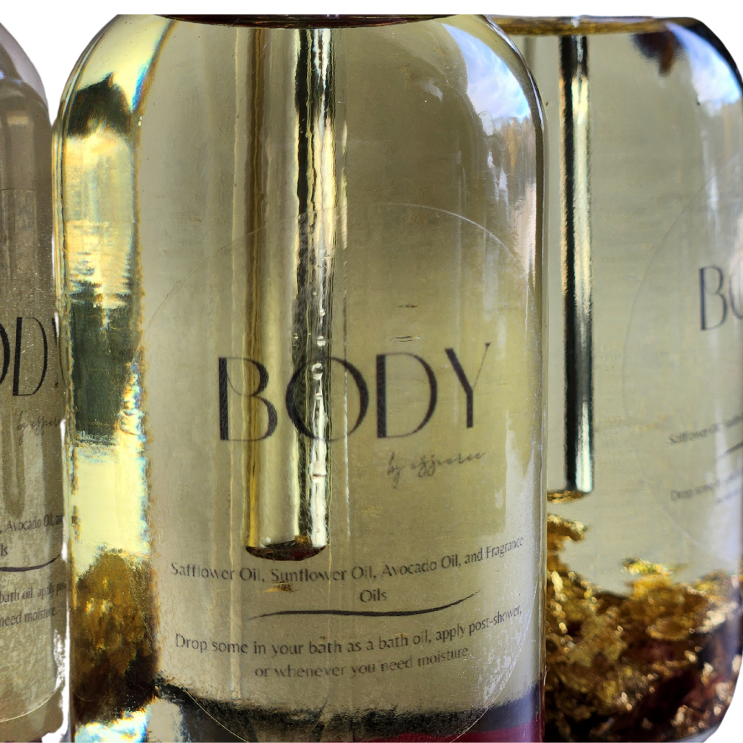 Close shot of fragranced body oil in a dropper bottle showing ingredients