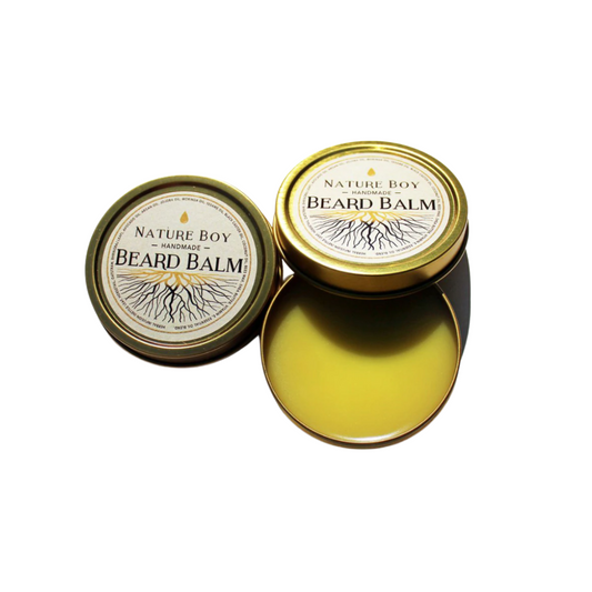 2oz Nature boy beard balm with lid off and on