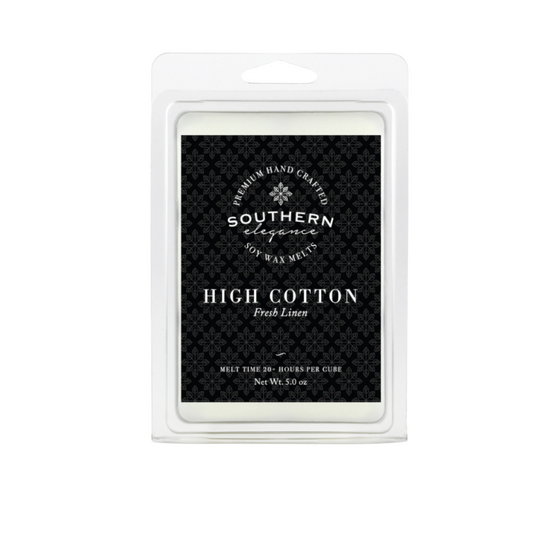 Black label that says 5oz High cotton Fresh Linen soy wax melt. melt time 20 hours per cube