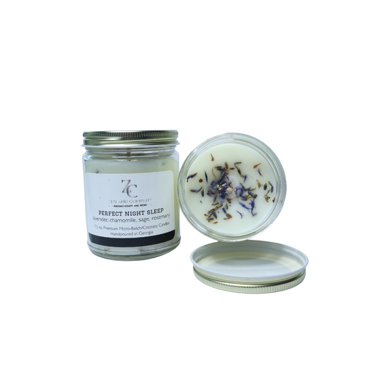 Open and closed 7.5 oz candle with lavender, chamomile, sage, and rosemary